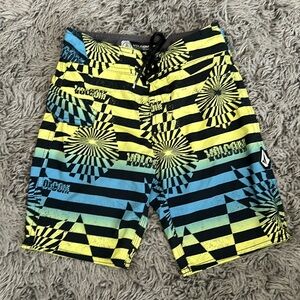 Volcom Boys Black Yellow Blue Striped Swim Trunks